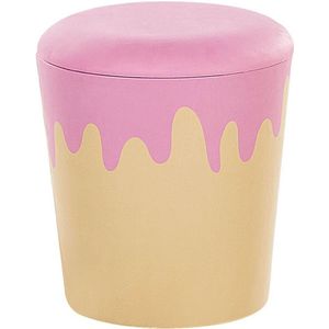 Kinderkrukje Roze en Beige Fluweel Stof met Opbergvakje Ronde Cupcake Look Slaapkamer Woonkamer Kinderkamer Salon Deco Poef