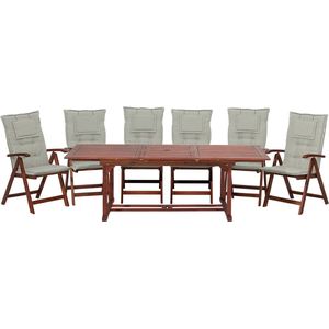 Tuinset tafel 6 stoelen lichtgrijs donker acaciahout opklapbaar uitschuifbaar tafelblad