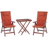 Balkonset theetafel en set van 2 stoelen lichtbruin acaciahout opklapbaar terracotta kussens