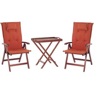 Balkonset theetafel en set van 2 stoelen lichtbruin acaciahout opklapbaar terracotta kussens