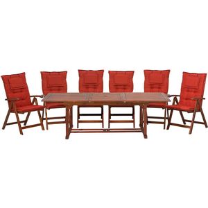 Tuinset tafel en 6 stoelen terracotta kussens acaciahout inklapbaar uitschuifbaar tafelblad