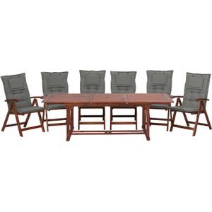 Tuinset tafel 6 stoelen donkergrijs donker acaciahout opklapbaar uitschuifbaar tafelblad