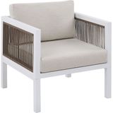 Loungeset driezitsbank 2 fauteuils salontafel wit/beige aluminium 5-zits glazen tafelblad kussens modern