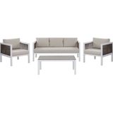 Loungeset driezitsbank 2 fauteuils salontafel wit/beige aluminium 5-zits glazen tafelblad kussens modern