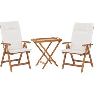 Balkonset theetafel en set van 2 stoelen lichtbruin acaciahout opklapbaar witte kussens