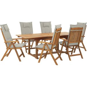 Tuinset tafel en 6 stoelen beige acaciahout inklapbaar uitschuifbaar tafelblad