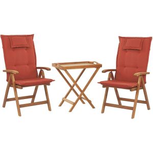 Balkonset theetafel en set van 2 stoelen lichtbruin acaciahout opklapbaar rode kussens