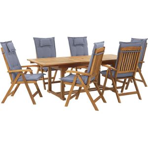 Tuinset tafel en 6 stoelen blauw acaciahout inklapbaar uitschuifbaar tafelblad