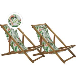 Set van 2 tuin ligstoelen licht acaciahout frame flamingopatroon stoffen hangmat zitting achterover opklapbaar