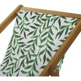 Set van 2 tuin ligstoelen licht acaciahout frame bladpatroon stoffen hangmat zitting achterover opklapbaar