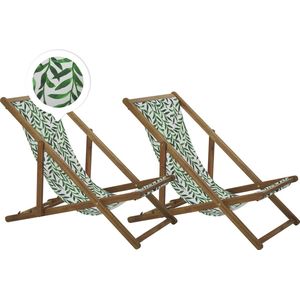 Set van 2 tuin ligstoelen licht acaciahout frame bladpatroon stoffen hangmat zitting achterover opklapbaar