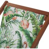 Set van 2 tuin ligstoelen donker acaciahout frame flamingopatroon stoffen hangmat zitting achterover opklapbaar