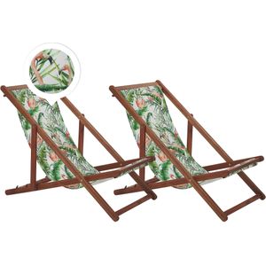 Set van 2 tuin ligstoelen donker acaciahout frame flamingopatroon stoffen hangmat zitting achterover opklapbaar