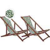 Set van 2 tuin ligstoelen donker acaciahout frame bladpatroon stoffen hangmat zitting achterover opklapbaar