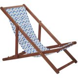 Set van 2 tuin ligstoelen donker acaciahout frame blauw-wit patroon stoffen hangmat zitting achterover opklapbaar