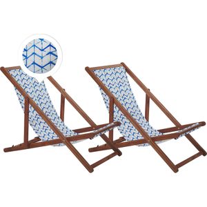 Set van 2 tuin ligstoelen donker acaciahout frame blauw-wit patroon stoffen hangmat zitting achterover opklapbaar