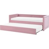 Slaapbank roze corduroy stof 90 x 200 cm uitschuifbaar met lattenbodem klinknagels kids bed modern glamour slaapkamer woonkamer