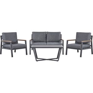 Loungeset tweezitsbank 2 fauteuils met koffietafel donkergrijs aluminium 4-zits kussens modern