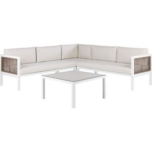 4-zits loungeset met salontafel wit en bruin aluminium 4-zitsbank met kussens modern