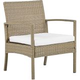 Loungeset lichtbruin wicker witte kussens met salontafel vierzits klassiek tuinmeubilair