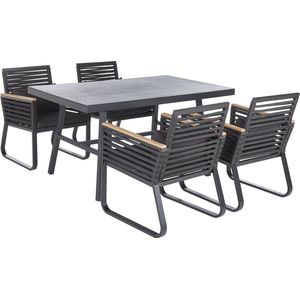 Tuinset zwart aluminium tafel 150x90 rechthoekig steenlook 4 stoelen kussens terras tuinmeubelen
