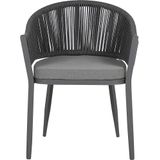 Tuinset grijs aluminium tafel 140x80 rechthoekig steenlook 4 stoelen met armleuningen kussens terras buitenmeubels