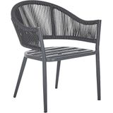 Tuinset grijs aluminium tafel 140x80 rechthoekig steenlook 4 stoelen met armleuningen kussens terras buitenmeubels