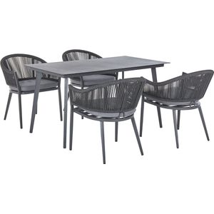 Tuinset grijs aluminium tafel 140x80 rechthoekig steenlook 4 stoelen met armleuningen kussens terras buitenmeubels