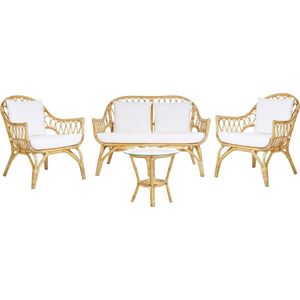 4-zits loungeset beige rotan bank 2 fauteuils en ronde salontafel glazen blad