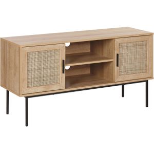 Tweedeurs TV-meubel licht hout natuurlijke rotan voorkant 120 x 63 cm metalen poten Boho-stijl kast