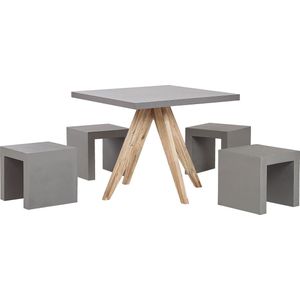 Tuinset acaciahout vezelcement vierkante tafel 4 krukken u-vormig modern design