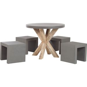 Tuinset acaciahout vezelcement ronde tafel 4 krukken u-vormig modern design