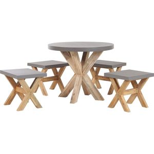 Tuinset acaciahout vezelcement ronde tafel 4 krukken modern design