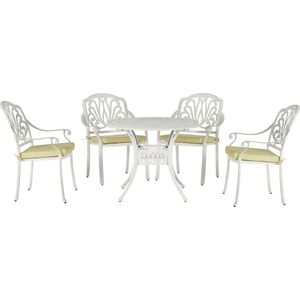 Balkonset wit aluminium tuintafel 4 stoelen polyester zitkussens