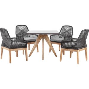 Tuinset vezelcement tafel 90 x 90 cm 4 stoelen acaciahouten frame rustieke uitstraling tuinmeubels tuin terras