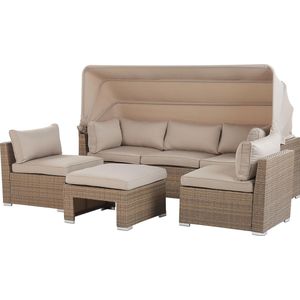 Loungeset bruin wicker beige kussens zonnekap vijfdelig modulair polyrattan tuin terras wintertuin