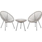 Balkonset lichtgrijs polyrattan bijzettafel 2 stoelen spaghetti look moderne Mexicaanse stijl balkon terras