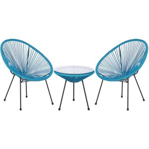 Balksonet blauw wicker en staal set van 2 stoelen en tafel modern Mexicaans terras tuin