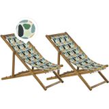 Set van 2 Tuinstoelen Licht Acacia Hout Geometrisch Motief Stof Hangmat Stoel Liggende Opvouwen