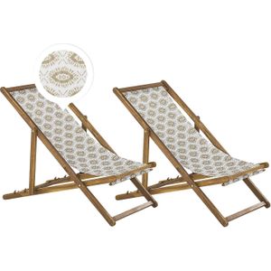 Liegestühle 2er Set aus hellem Akazienholz mit beigem Bezug zusammenklappbar Bohomuster Gartenausstattung Outdoor Gartenzubehör Modern