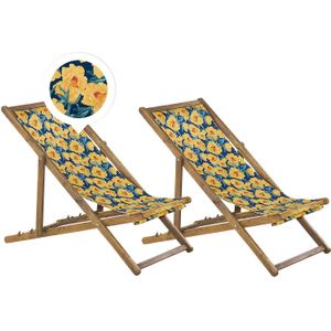 Set van 2 Tuinstoelen Licht Acacia Hout Bloemmotief Stof Hangmat Stoel Liggende Opvouwen