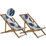 Set van 2 Tuinstoelen Licht Acacia Hout Palmblad Motief Stof Hangmat Stoel Liggende Opvouwen