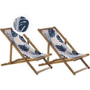 Beliani ANZIO  - Strandstoel set van 2 - Lichthout/Blauw/Palm - Polyester