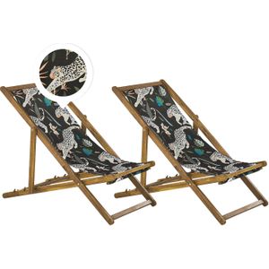 Set van 2 Tuinstoelen Licht Acacia Hout Dierenmotief Stof Hangmat Stoel Liggende Opvouwen