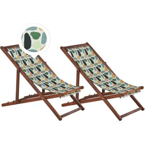 Set van 2 Tuinstoelen Donker Acacia Hout Geometrisch Motief Stof Hangmat Stoel Liggende Opvouwen