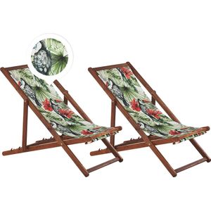 Set van 2 Tuinstoelen Donker Acacia Hout Toekanmotief Stof Hangmat Stoel Liggende Opvouwen