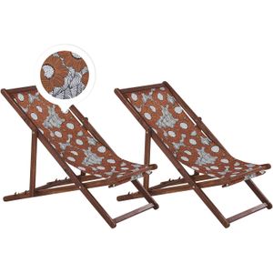 Liegestühle 2er Set aus dunklem Akazienholz mit Bezug rot/weiß zusammenklappbar Mohnblumenmuster Gartenausstattung Outdoor Gartenzubehör Modern