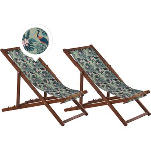Set van 2 tuinstoelen donker acaciahout pelikaanmotief stof hangmat stoel