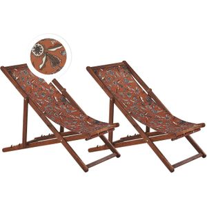 Set van 2 Tuinstoelen Donker Acacia Hout Bloemmotief Stof Hangmat Stoel Liggende Opvouwen