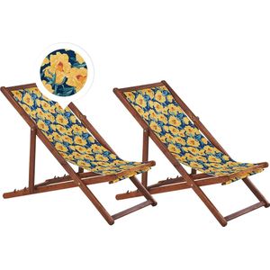 Set van 2 Tuinstoelen Donker Acacia Hout Bloemmotief Stof Hangmat Stoel Liggende Opvouwen